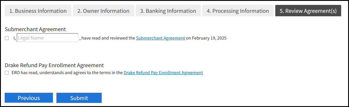 Review agreements tab